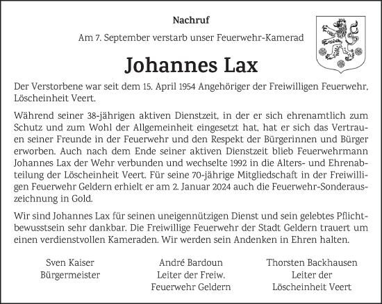 Traueranzeige von Johannes Lax von NNA
