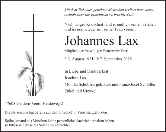 Traueranzeige von Johannes Lax von NNA