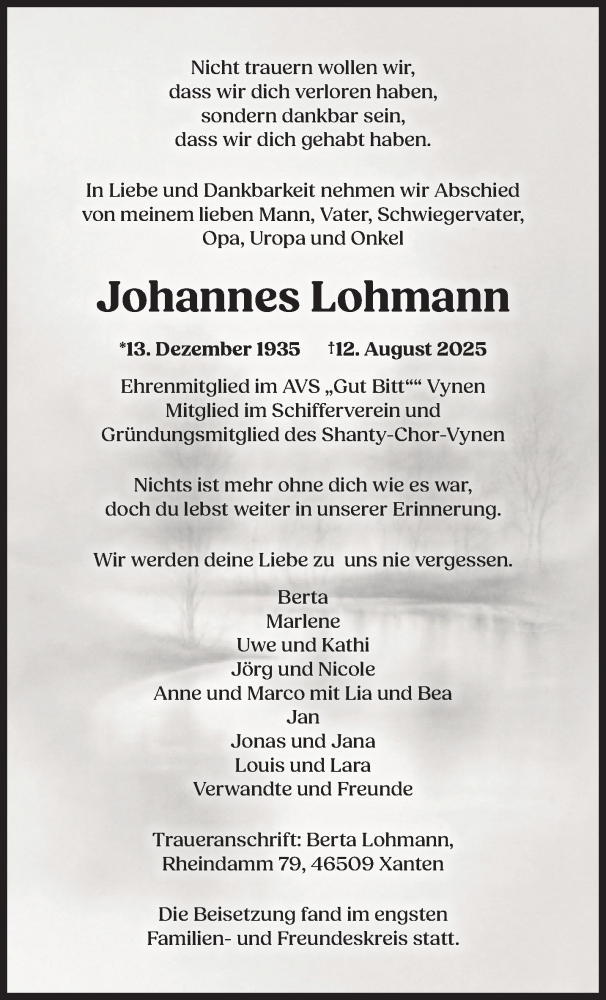  Traueranzeige für Johannes Lohmann vom 23.08.2025 aus NNA