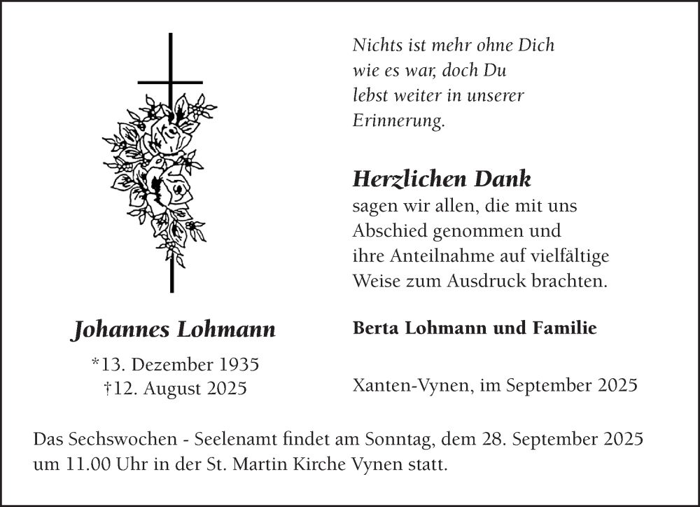  Traueranzeige für Johannes Lohmann vom 20.09.2025 aus NNA