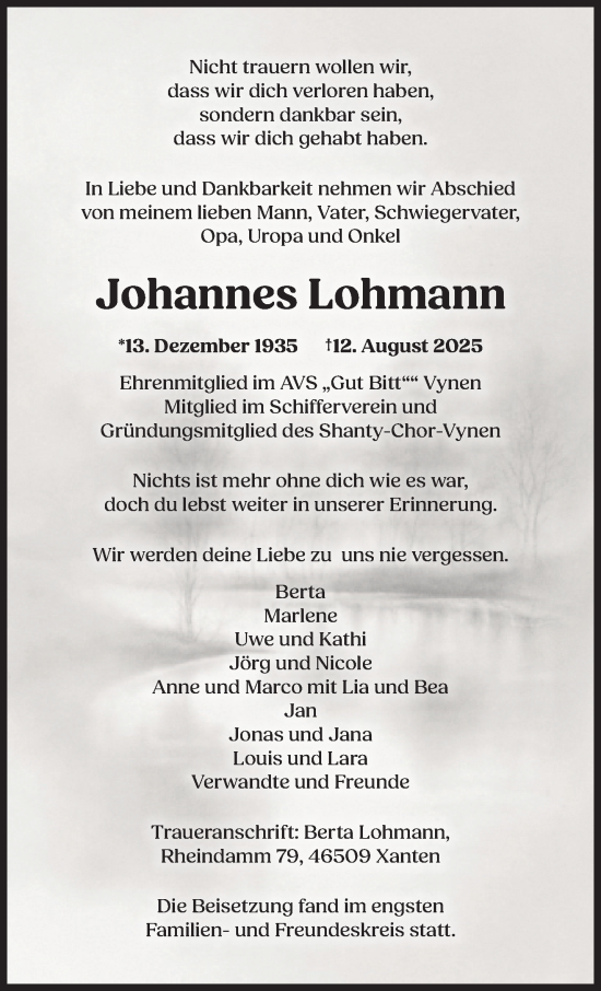 Traueranzeige von Johannes Lohmann von NNA