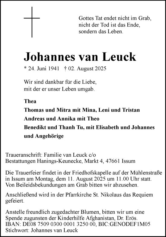 Traueranzeige von Johannes van Leuck von NNA