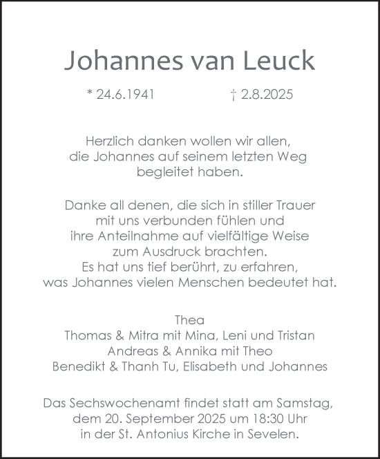 Traueranzeige von Johannes van Leuck von NNA