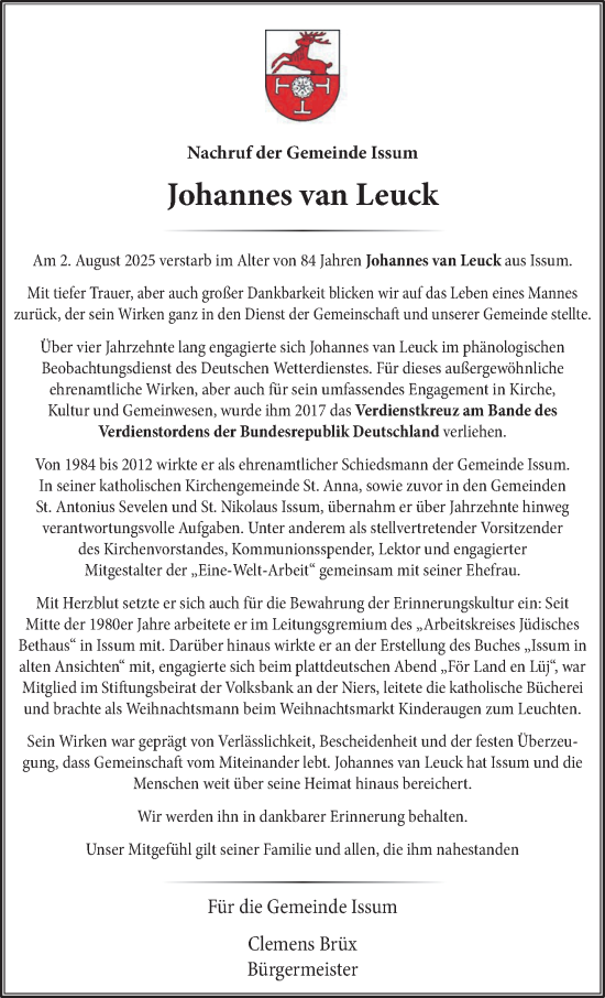 Traueranzeige von Johannes van Leuck von NNA