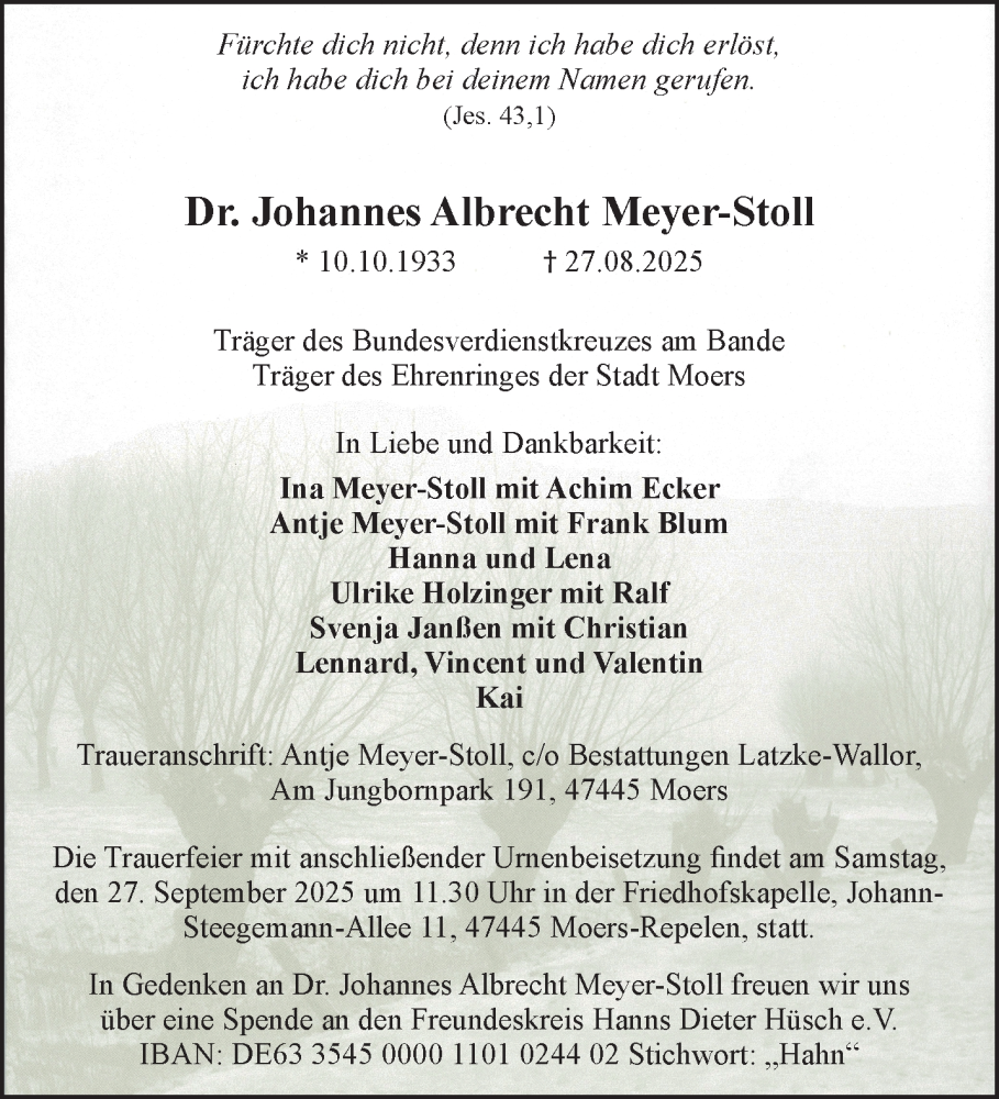  Traueranzeige für Johannes Albrecht Meyer-Stoll vom 05.09.2025 aus NNA