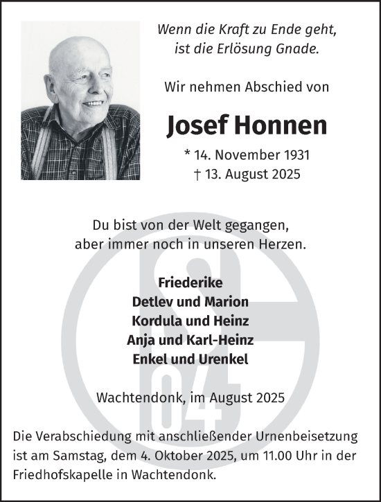 Traueranzeige von Josef Honnen von NNA