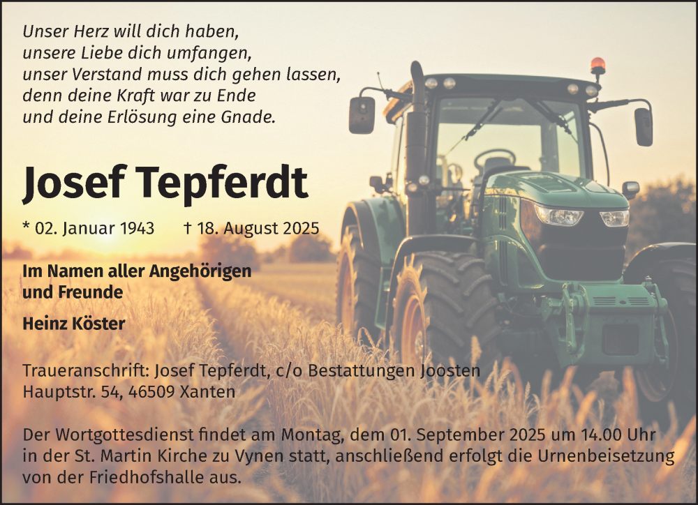  Traueranzeige für Josef Tepferdt vom 30.08.2025 aus NNA