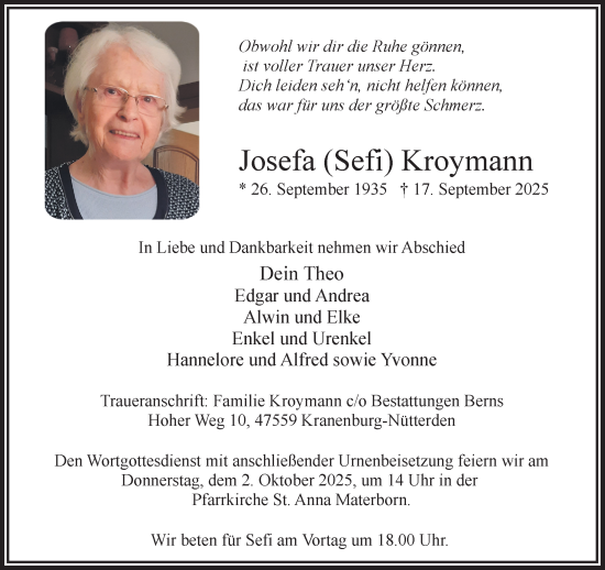 Traueranzeige von Josefa Kroymann von NNA