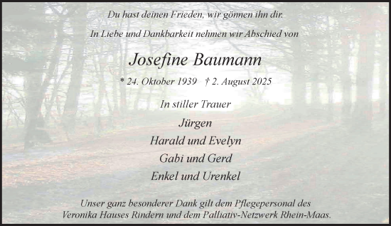Traueranzeige von Josefine Baumann von NNA