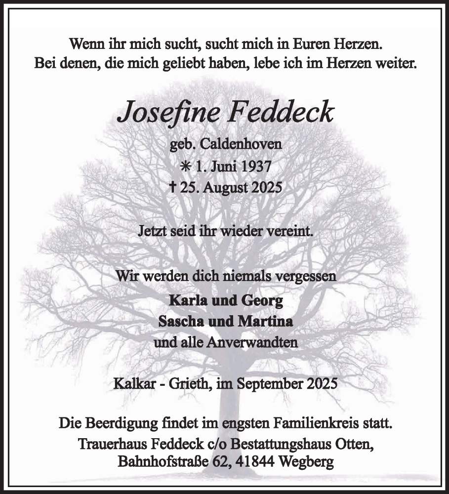  Traueranzeige für Josefine Feddeck vom 13.09.2025 aus NNA