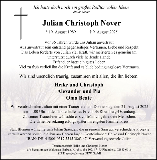 Traueranzeige von Julian Christoph Nover von NNA