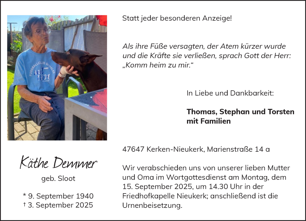  Traueranzeige für Käthe Demmer vom 13.09.2025 aus NNA
