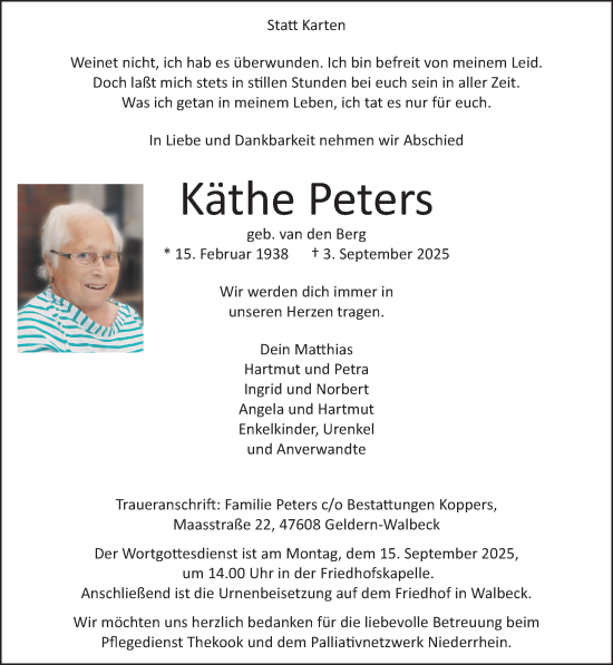 Traueranzeige von Käthe Peters von NNA