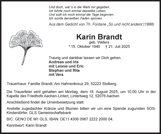 Traueranzeige von Karin Brandt von NNA