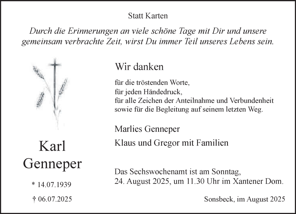  Traueranzeige für Karl Genneper vom 16.08.2025 aus NNA