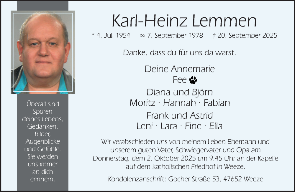  Traueranzeige für Karl-Heinz Lemmen vom 27.09.2025 aus NNA