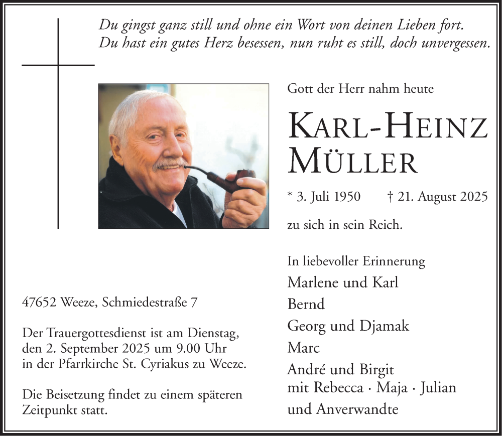  Traueranzeige für Karl-Heinz Müller vom 30.08.2025 aus NNA