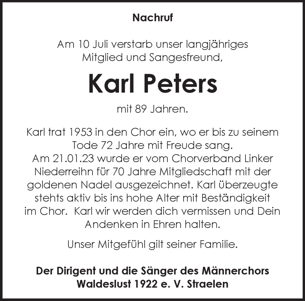  Traueranzeige für Karl Peters vom 23.08.2025 aus NNA