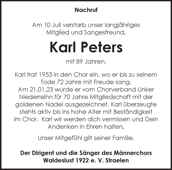 Traueranzeige von Karl Peters von NNA