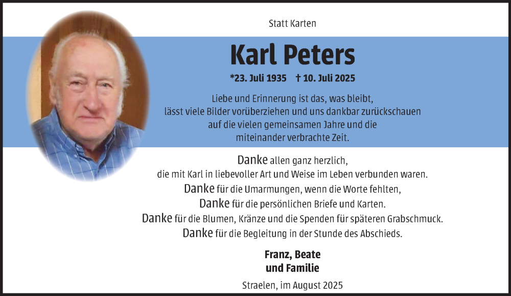  Traueranzeige für Karl Peters vom 16.08.2025 aus NNA