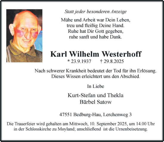 Traueranzeige von Karl Wilhelm Westerhoff von NNA