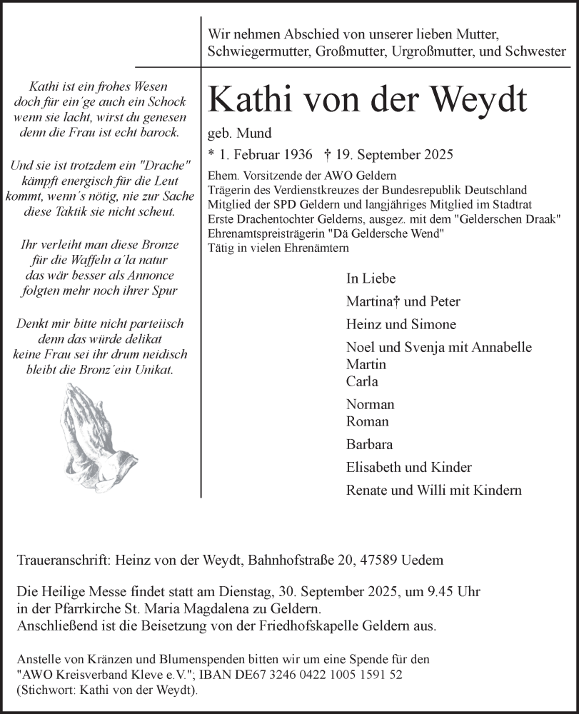  Traueranzeige für Kathi von der Weydt vom 27.09.2025 aus NNA