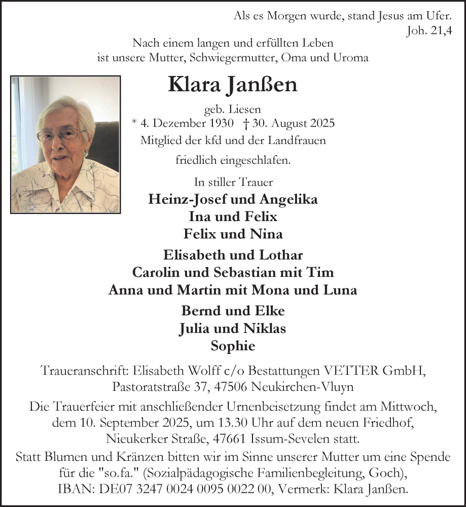  Traueranzeige für Klara Janßen vom 05.09.2025 aus NNA