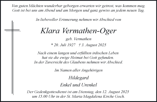Traueranzeige von Klara Vermathen-Oger von NNA