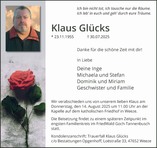 Traueranzeige von Klaus Glücks von NNA