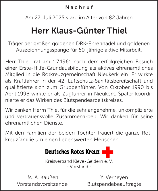 Traueranzeige von Klaus-Günter Thiel von NNA