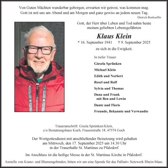 Traueranzeige von Klaus Klein von NNA