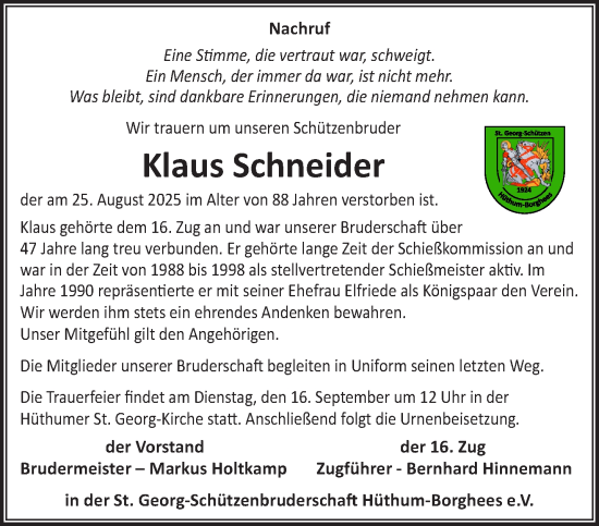 Traueranzeige von Klaus Schneider von NNA