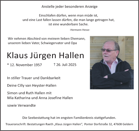 Traueranzeige von Klaus Jürgen Hallen von NNA