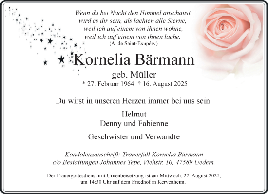 Traueranzeige von Kornelia Bärmann von NNA