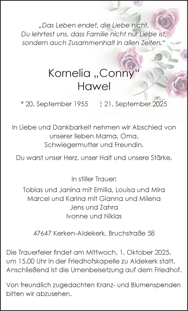  Traueranzeige für Kornelia Hawel vom 27.09.2025 aus NNA
