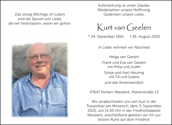 Traueranzeige von Kurt van Geelen von NNA
