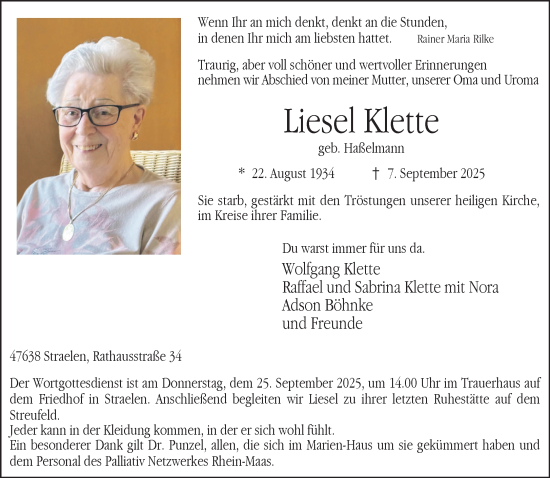 Traueranzeige von Liesel Klette von NNA