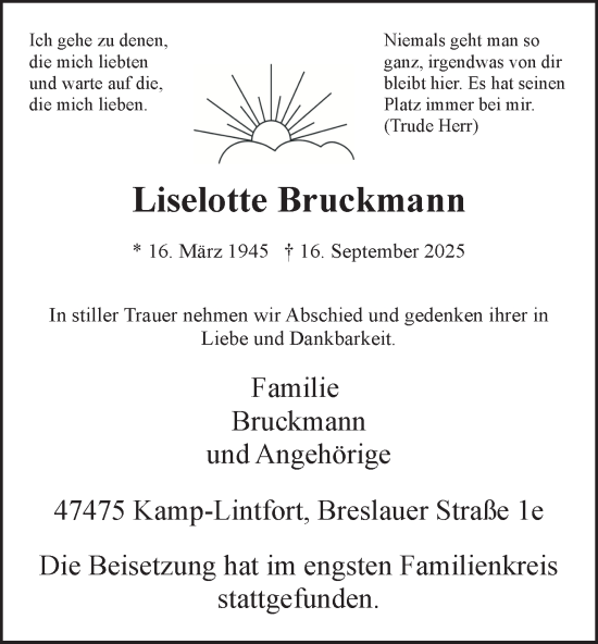 Traueranzeige von Liselotte Bruckmann von NNA