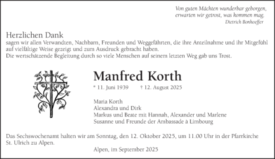 Traueranzeige von Manfred Korth von NNA