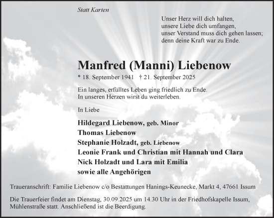 Traueranzeige von Manfred Liebenow von NNA