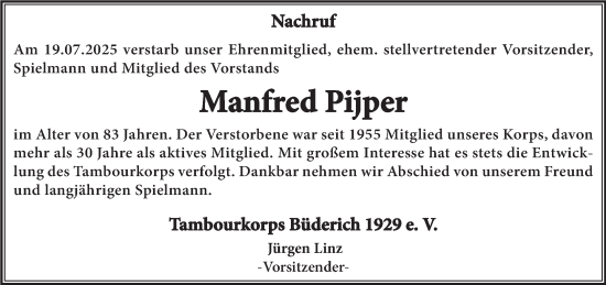 Traueranzeige von Manfred Pijper von NNA