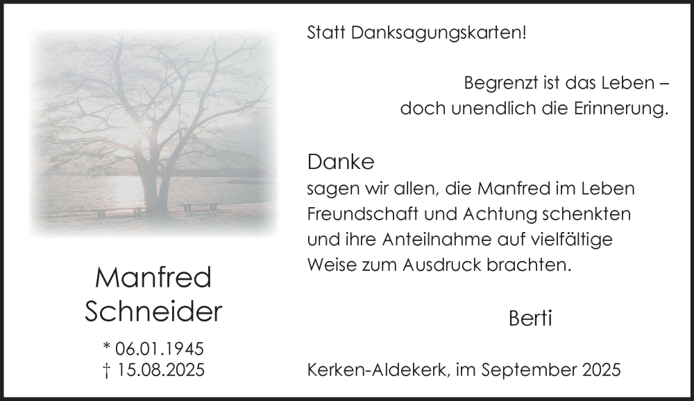  Traueranzeige für Manfred Schneider vom 27.09.2025 aus NNA
