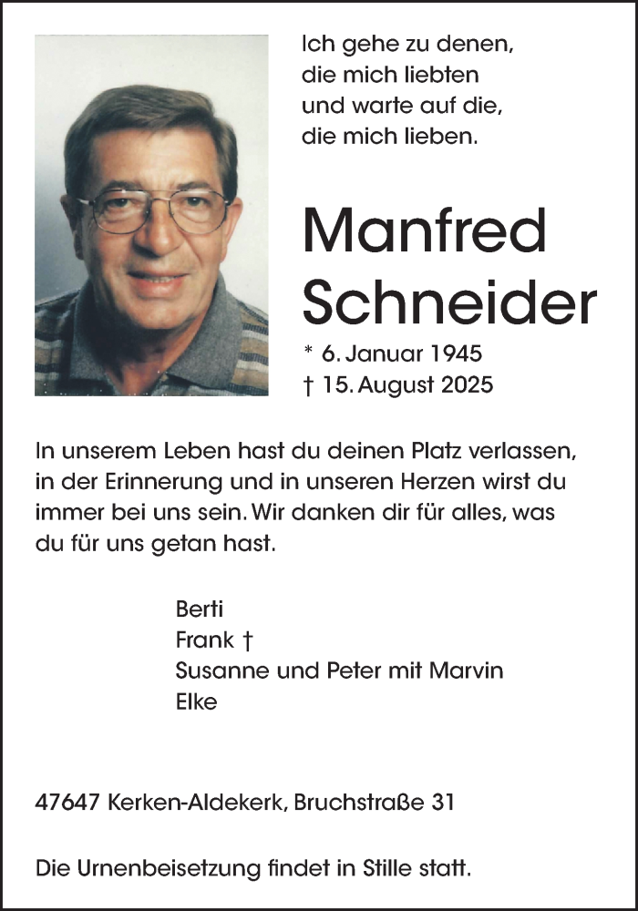  Traueranzeige für Manfred Schneider vom 23.08.2025 aus NNA
