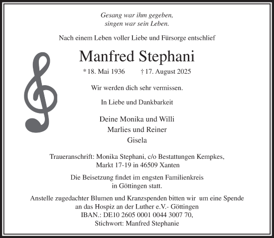 Traueranzeige von Manfred Stephani von NNA
