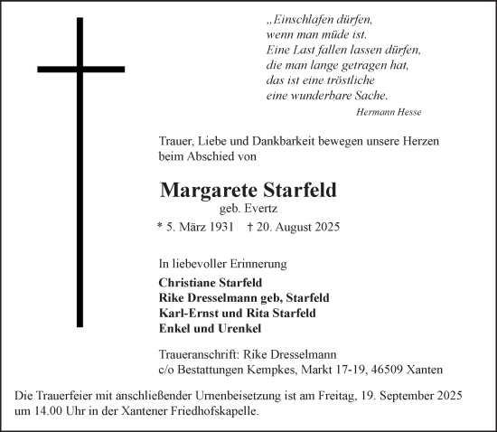 Traueranzeige von Margarete Starfeld von NNA