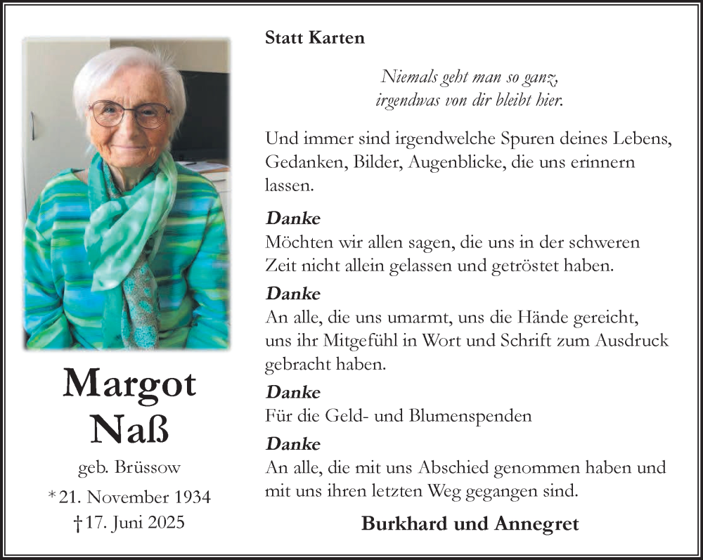 Traueranzeige für Margot Naß vom 23.08.2025 aus NNA