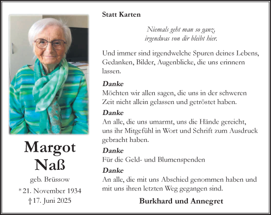 Traueranzeige von Margot Naß von NNA