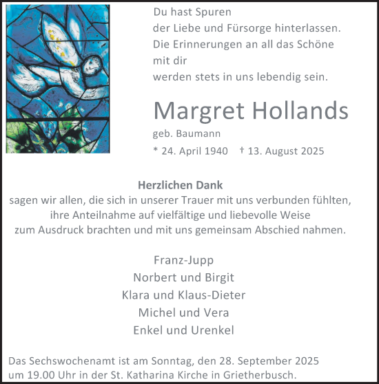 Traueranzeige von Margret Hollands von NNA