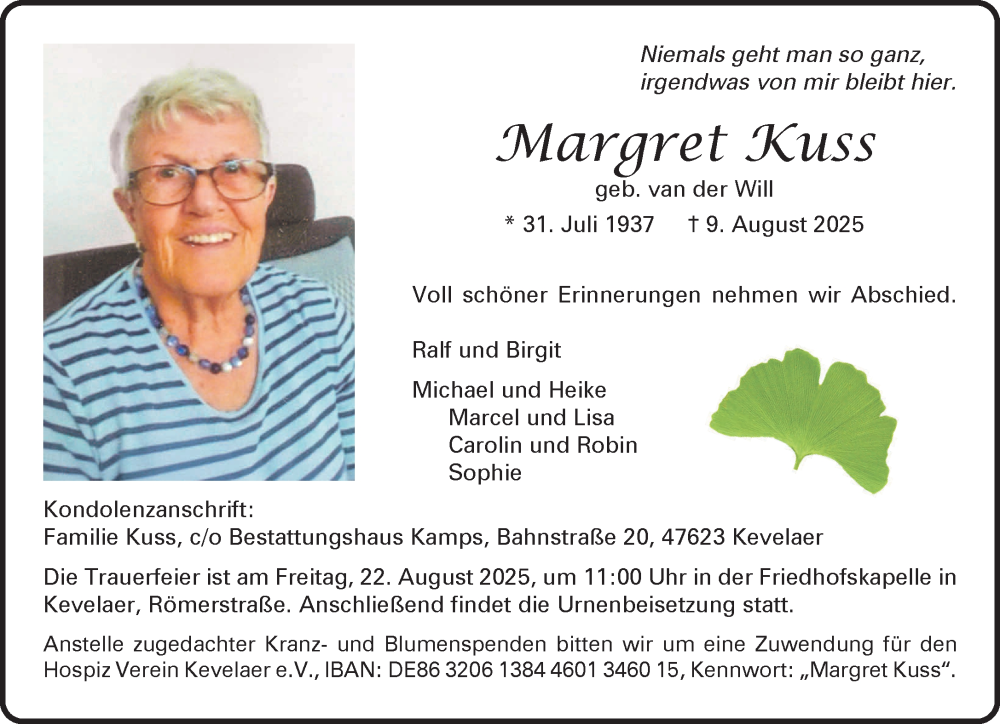  Traueranzeige für Margret Kuss vom 16.08.2025 aus NNA