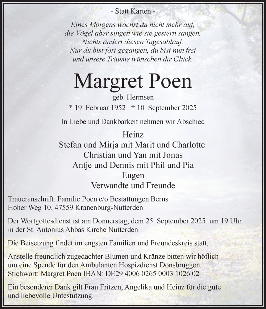  Traueranzeige für Margret Poen vom 20.09.2025 aus NNA